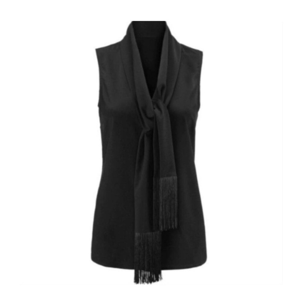 CAbi Fringe Scarf Button Down Sleeveless Blouse Black Women’s Medium #3430 NWOT